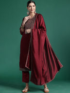 Indo Era Maroon Embroidered Straight Kurta Trousers With Dupatta set - Distacart