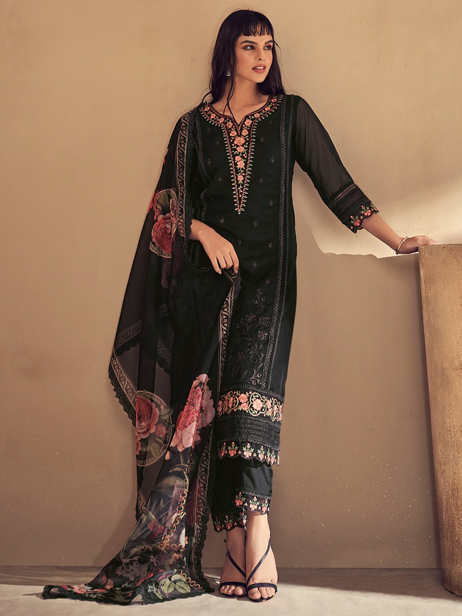 Indo Era Black Embroidered Straight Kurta Trousers With Dupatta set - Distacart