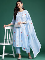 Indo Era Blue Embroidered Straight Kurta Trousers With Dupatta set - Distacart