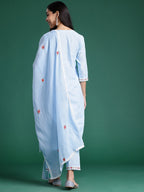 Indo Era Blue Embroidered Straight Kurta Trousers With Dupatta set - Distacart