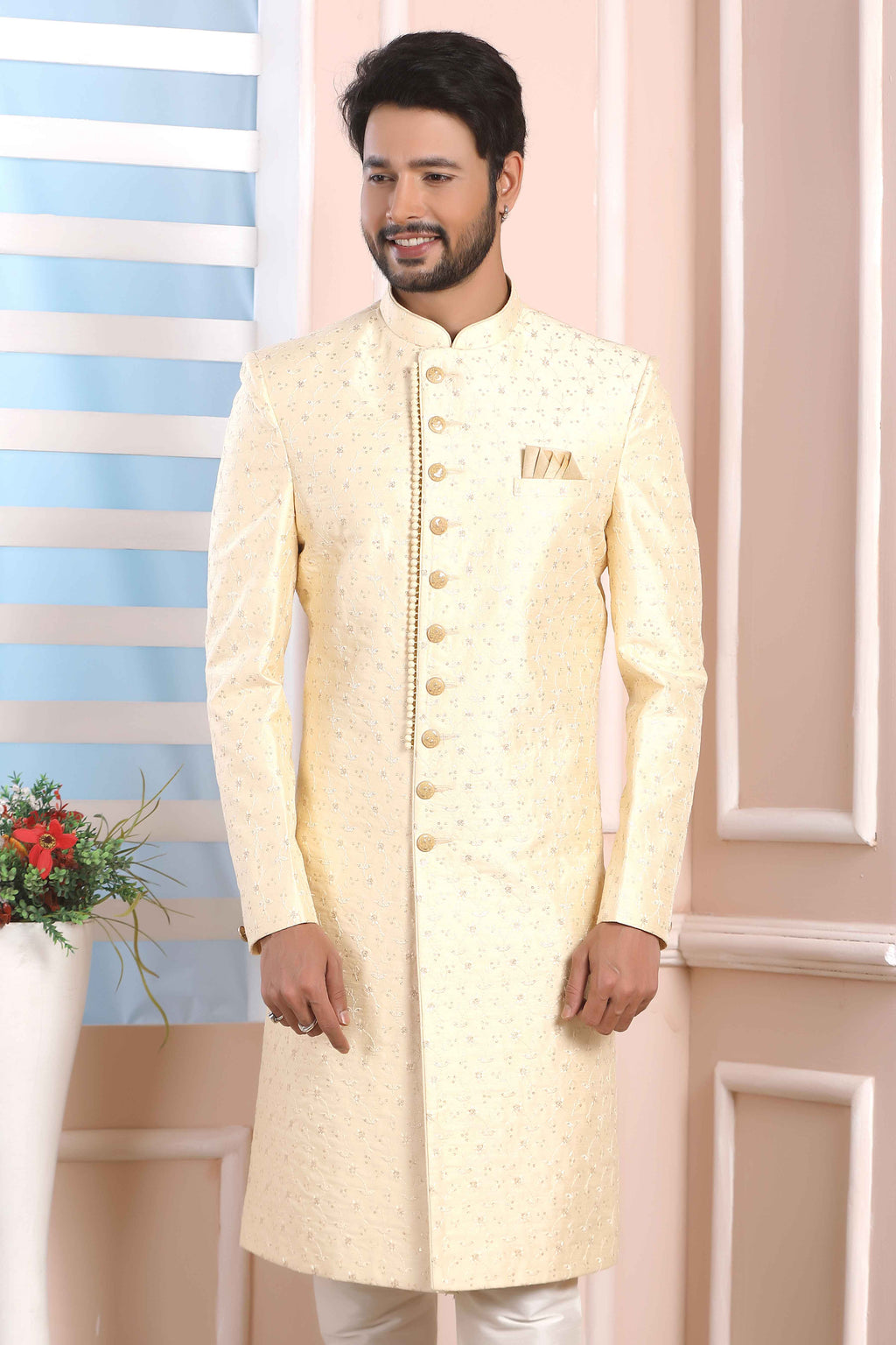 Raivat Ethnic Art Silk Thread Work Indo Western In Cream Colour - Distacart