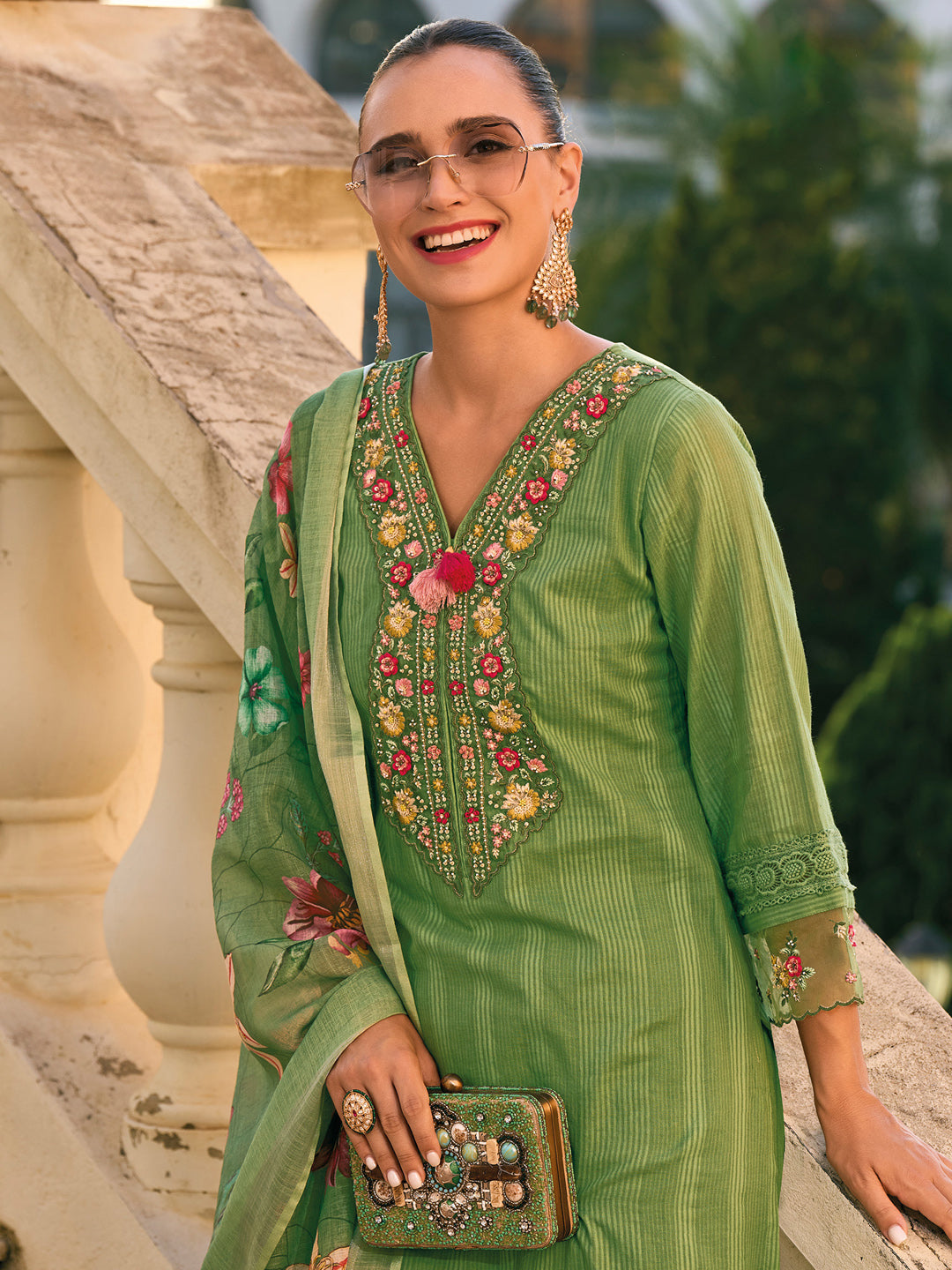 Indo Era Green Embroidered Straight Kurta Trousers With Dupatta set - Distacart