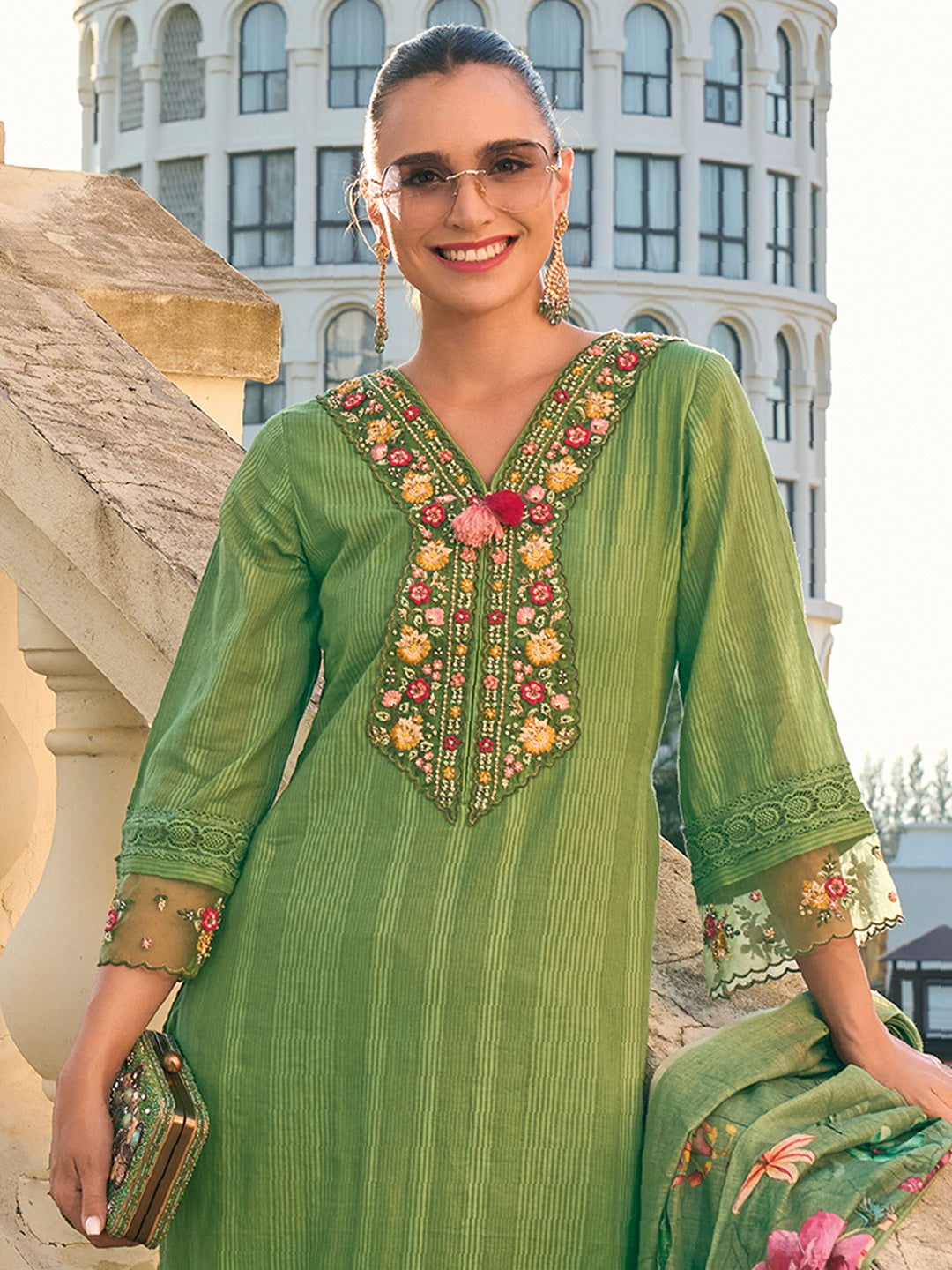 Indo Era Green Embroidered Straight Kurta Trousers With Dupatta set - Distacart