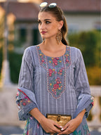 Indo Era Grey Embroidered Straight Kurta Trousers With Dupatta set - Distacart