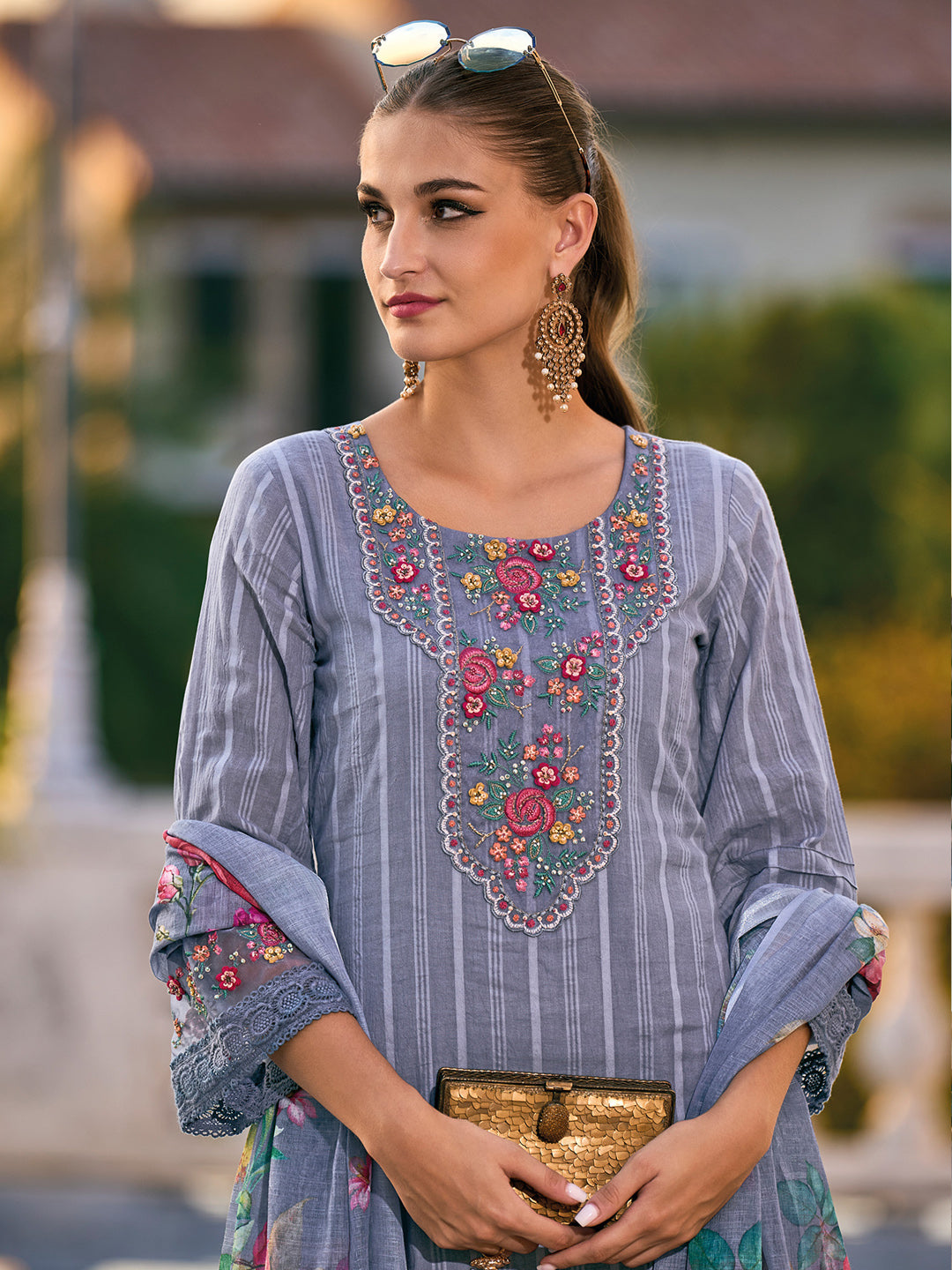 Indo Era Grey Embroidered Straight Kurta Trousers With Dupatta set - Distacart