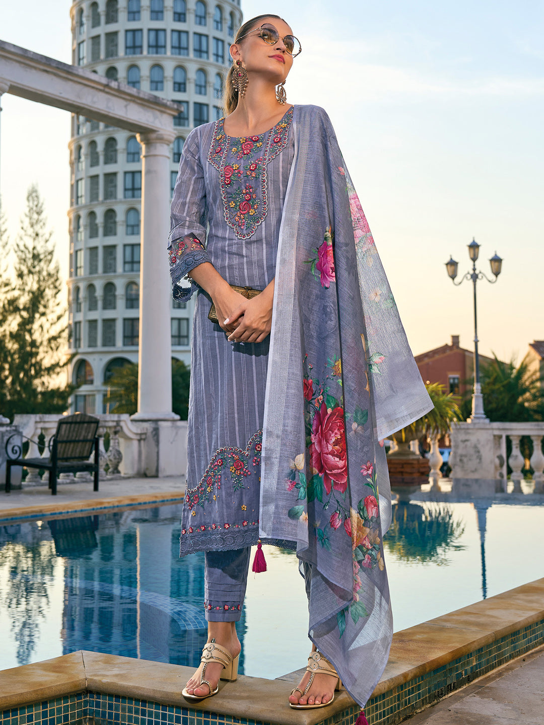 Indo Era Grey Embroidered Straight Kurta Trousers With Dupatta set - Distacart