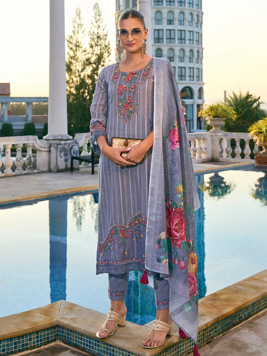 Indo Era Grey Embroidered Straight Kurta Trousers With Dupatta set - Distacart