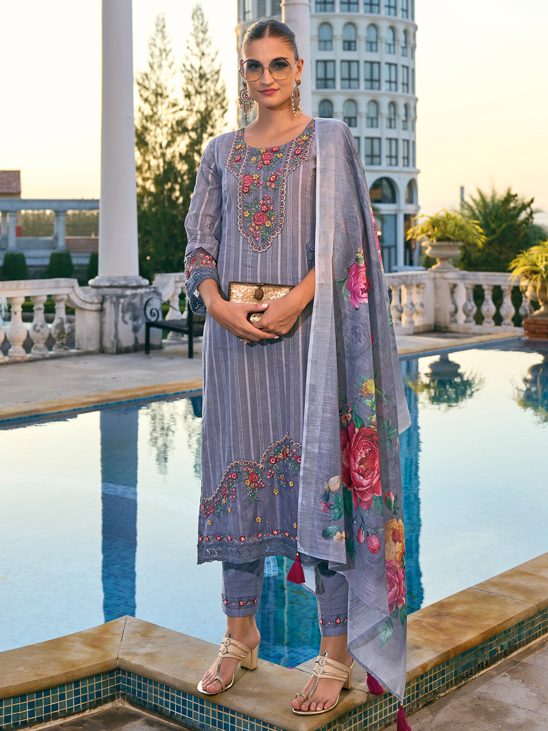 Indo Era Grey Embroidered Straight Kurta Trousers With Dupatta set - Distacart