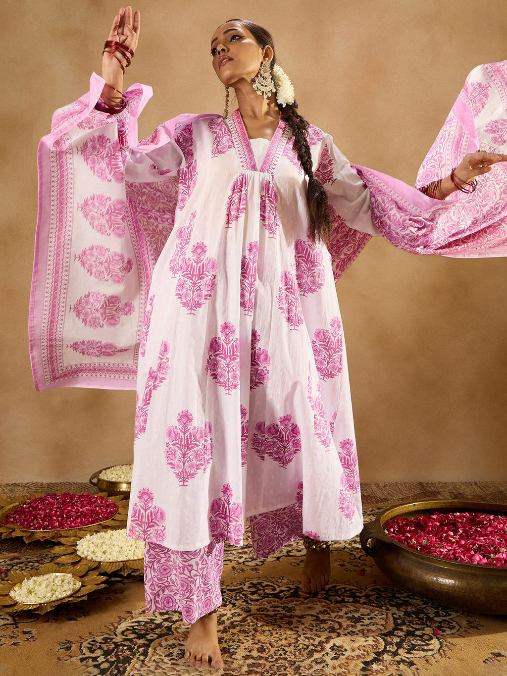 Indo Era White Printed A-Line Kurta Palazzos With Dupatta set