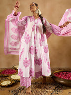 Indo Era White Printed A-Line Kurta Palazzos With Dupatta set
