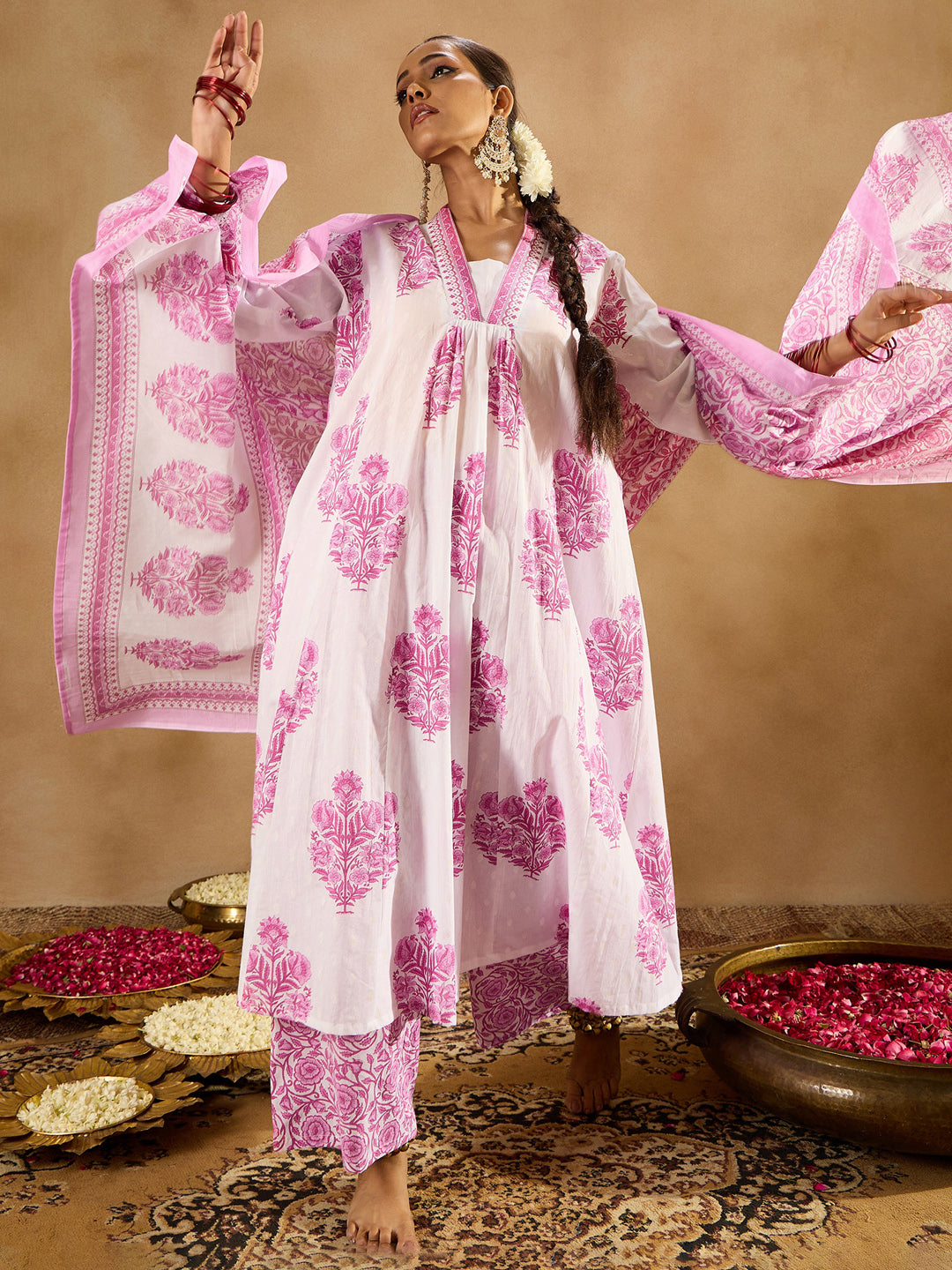 Indo Era White Printed A-Line Kurta Palazzos With Dupatta set