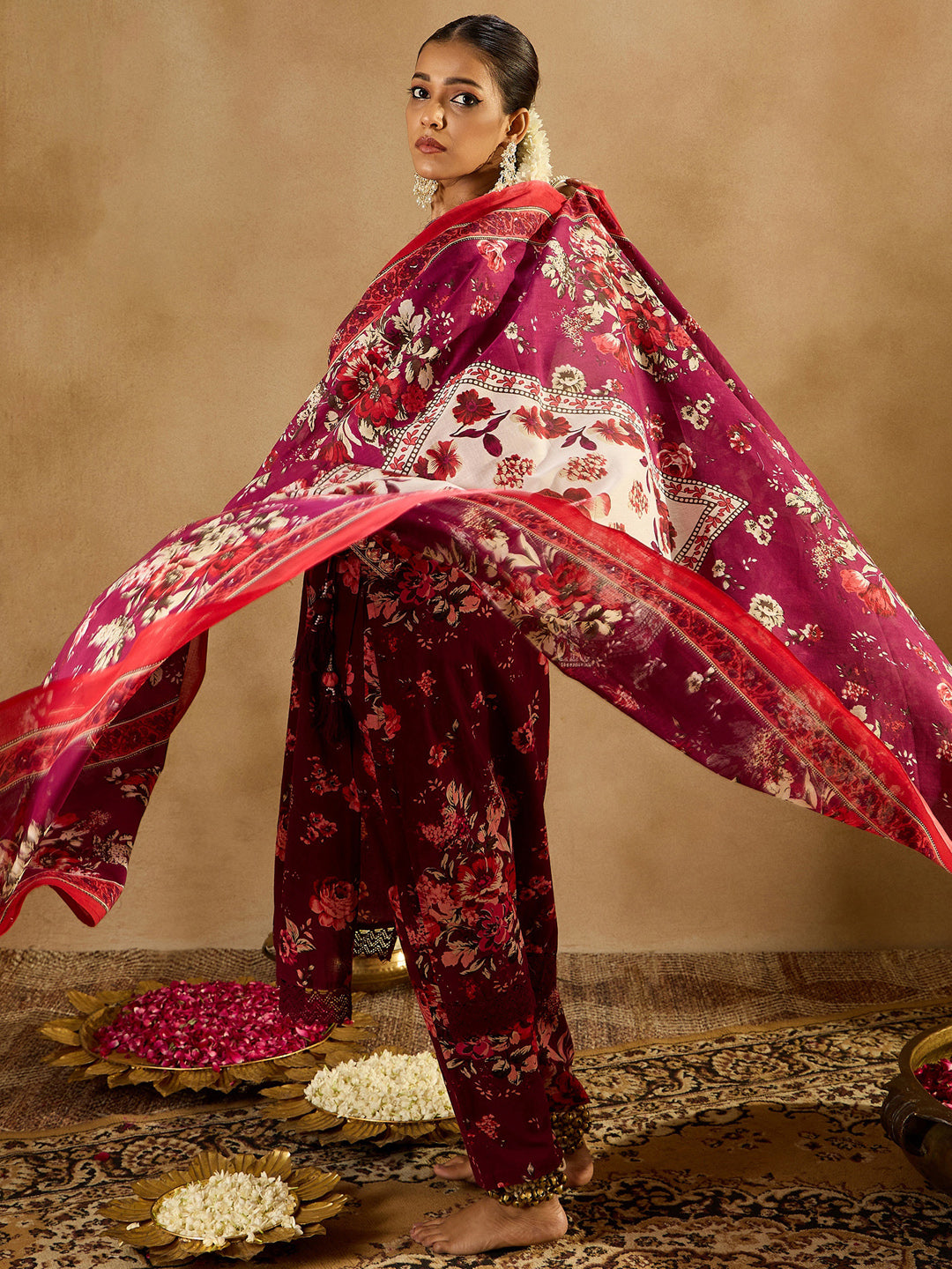 Indo Era Burgundy Printed Straight Kurta Trousers With Dupatta set - Distacart