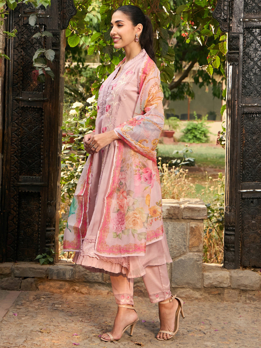 Indo Era Mauve Embroidered A-Line Kurta Trousers With Dupatta set - Distacart