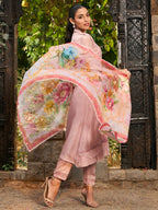 Indo Era Mauve Embroidered A-Line Kurta Trousers With Dupatta set - Distacart