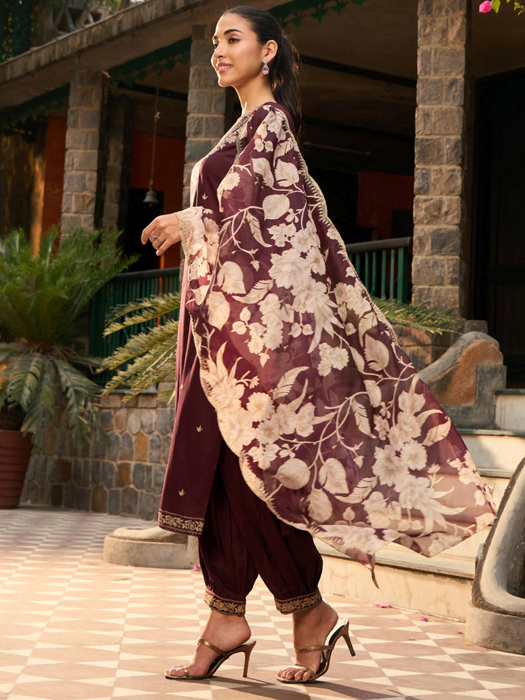 Indo Era Burgundy Embroidered Straight Kurta Salwar With Dupatta set - Distacart