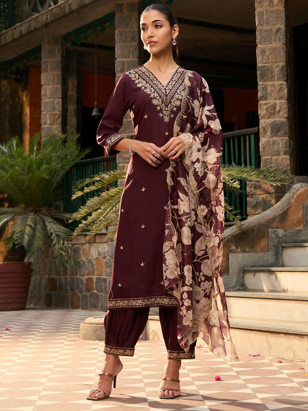 Indo Era Burgundy Embroidered Straight Kurta Salwar With Dupatta set - Distacart