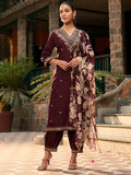 Indo Era Burgundy Embroidered Straight Kurta Salwar With Dupatta set - Distacart