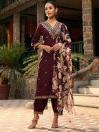 Indo Era Burgundy Embroidered Straight Kurta Salwar With Dupatta set - Distacart