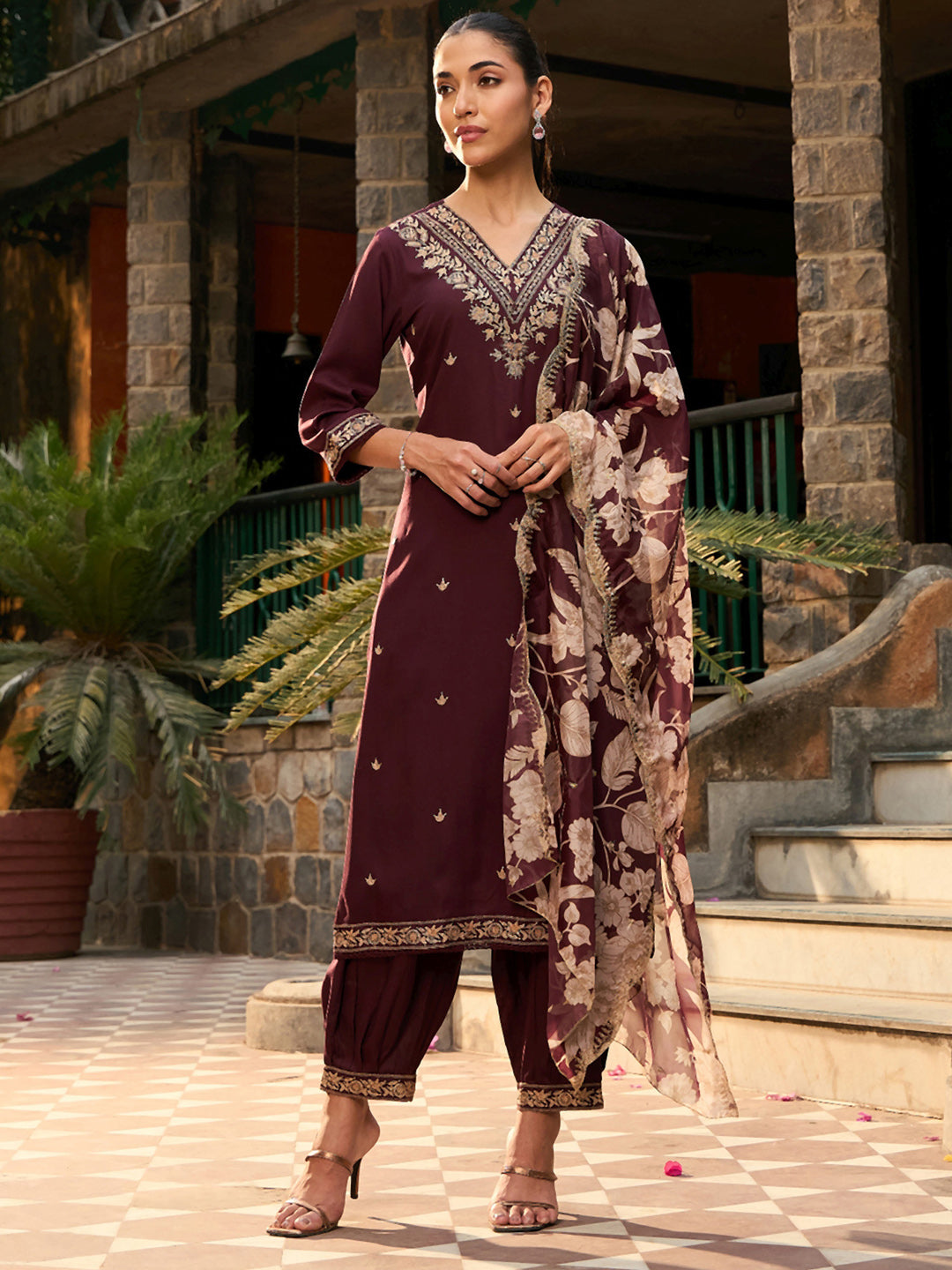 Indo Era Burgundy Embroidered Straight Kurta Salwar With Dupatta set - Distacart