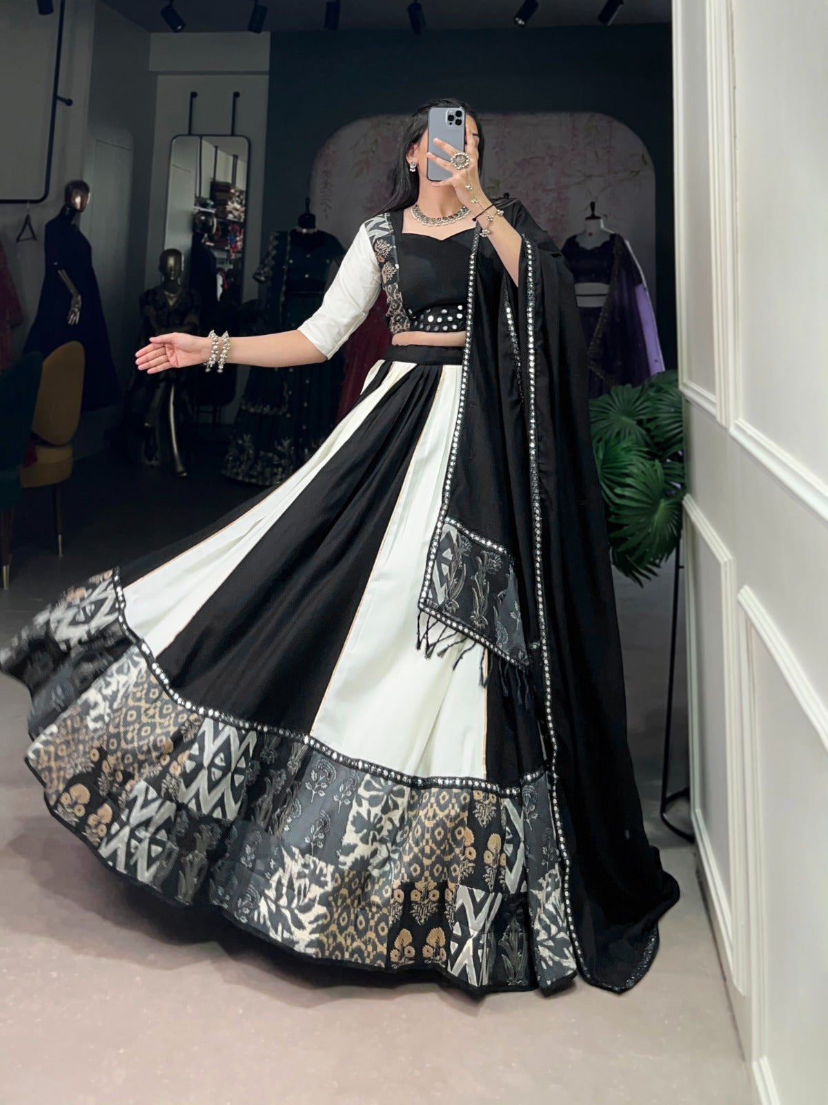 Lorenvalley Black Pure Rayon with Plain And Printed With Paper Mirror Work Lace And Gota Patti Touch Up Lehenga Choli