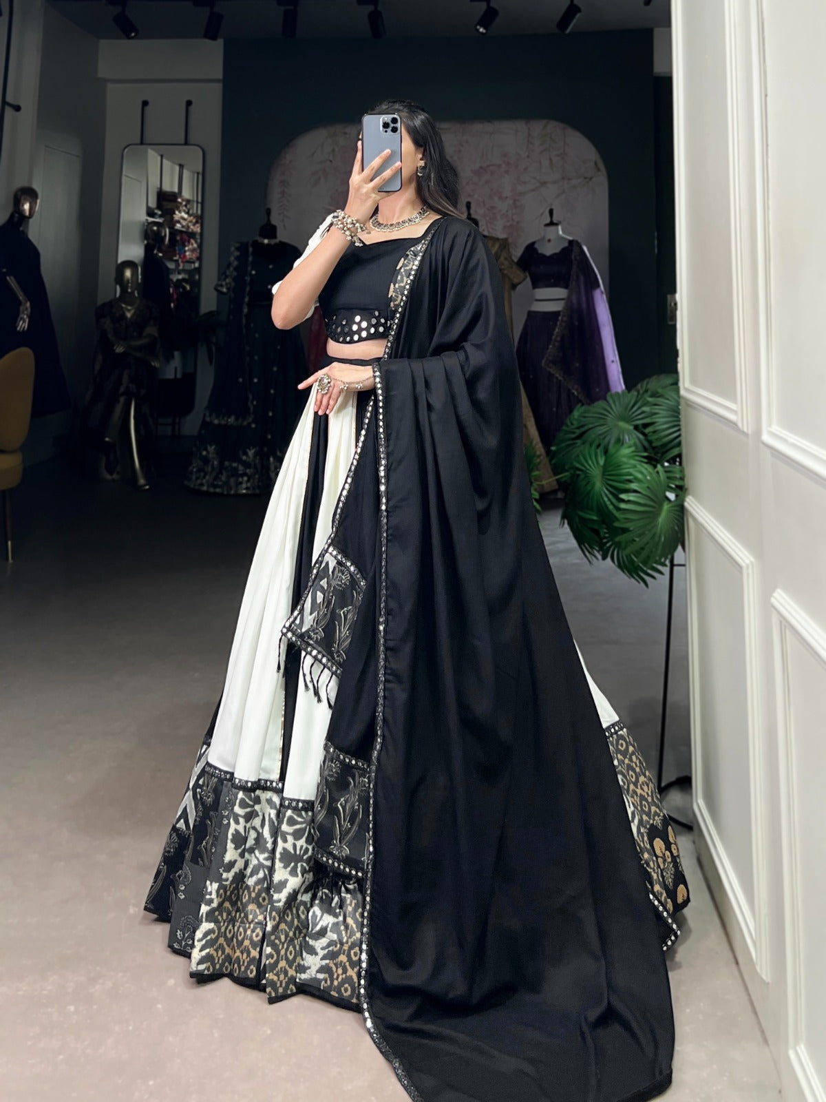 Lorenvalley Black Pure Rayon with Plain And Printed With Paper Mirror Work Lace And Gota Patti Touch Up Lehenga Choli