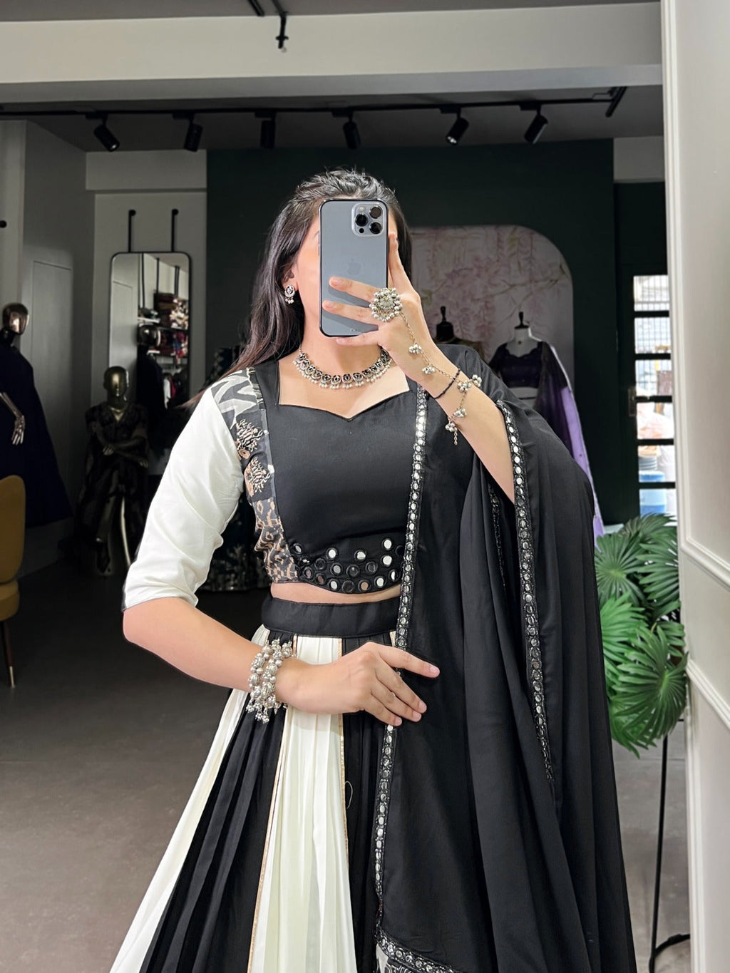 Lorenvalley Black Pure Rayon with Plain And Printed With Paper Mirror Work Lace And Gota Patti Touch Up Lehenga Choli