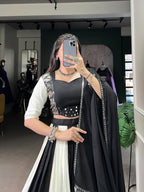Lorenvalley Black Pure Rayon with Plain And Printed With Paper Mirror Work Lace And Gota Patti Touch Up Lehenga Choli