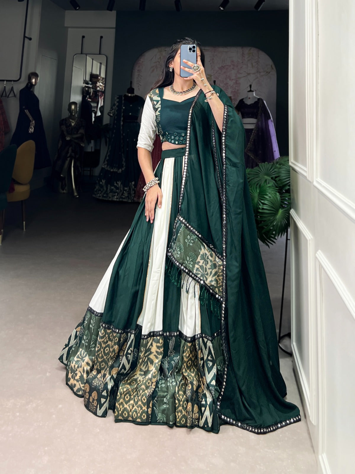 Lorenvalley Green Pure Rayon with Plain And Printed With Paper Mirror Work Lace And Gota Patti Touch Up Lehenga Choli