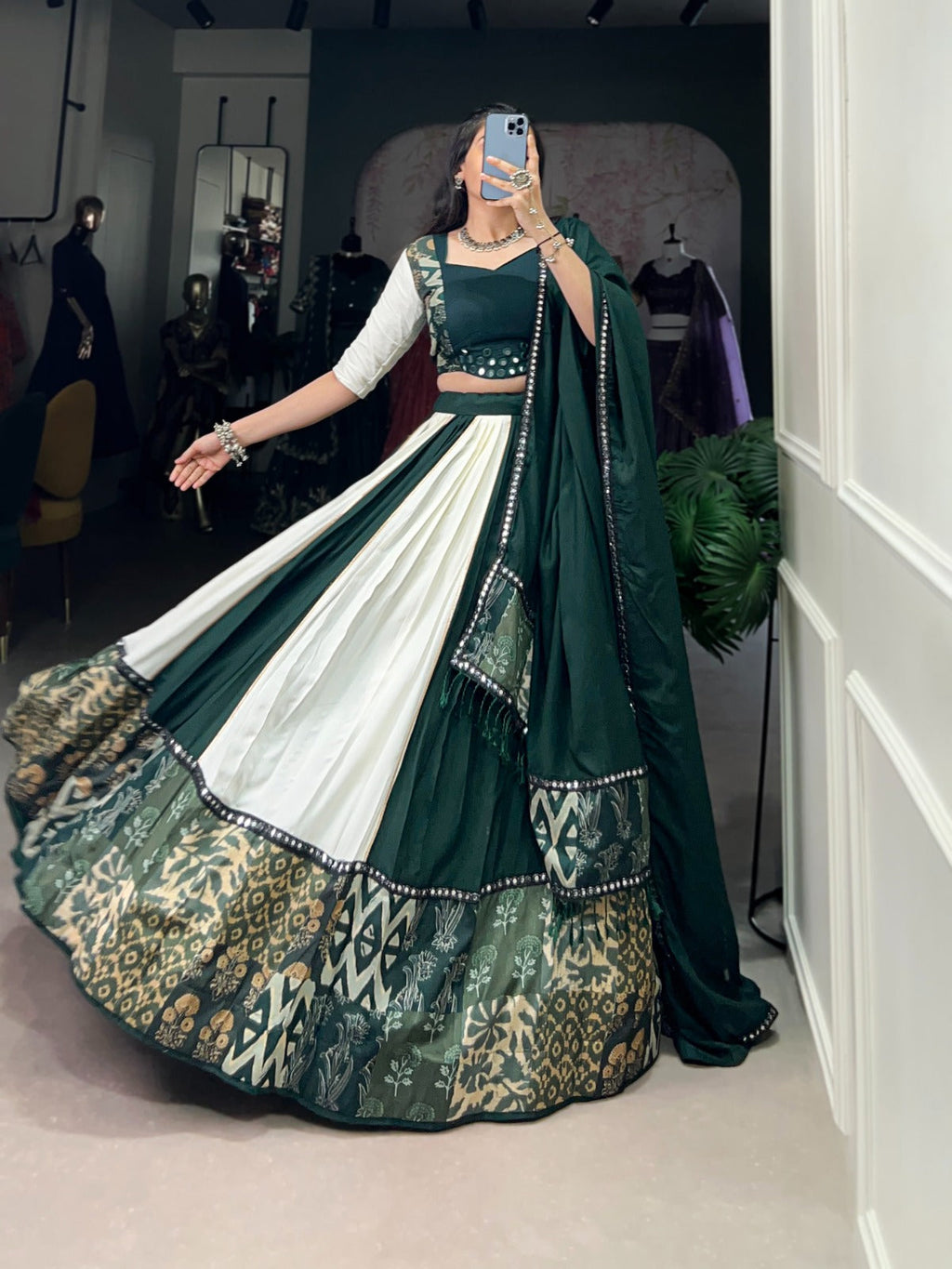 Lorenvalley Green Pure Rayon with Plain And Printed With Paper Mirror Work Lace And Gota Patti Touch Up Lehenga Choli