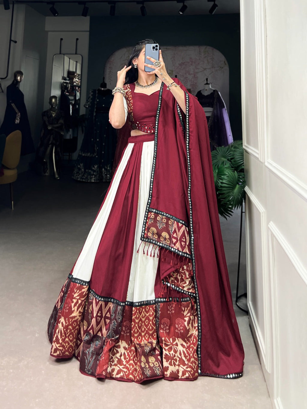 Lorenvalley Maroon Pure Rayon with Plain And Printed With Paper Mirror Work Lace And Gota Patti Touch Up Lehenga Choli