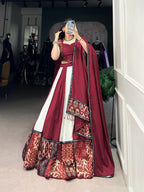 Lorenvalley Maroon Pure Rayon with Plain And Printed With Paper Mirror Work Lace And Gota Patti Touch Up Lehenga Choli