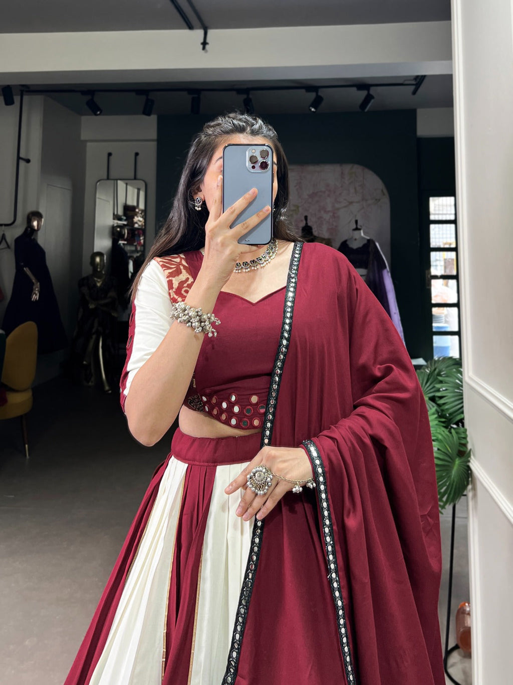 Lorenvalley Maroon Pure Rayon with Plain And Printed With Paper Mirror Work Lace And Gota Patti Touch Up Lehenga Choli