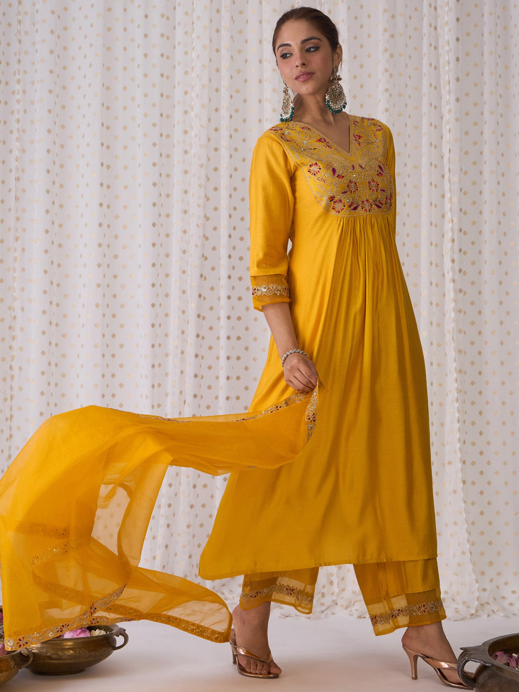 Indo Era Yellow Embroidered A-Line Kurta Palazzos With Dupatta set