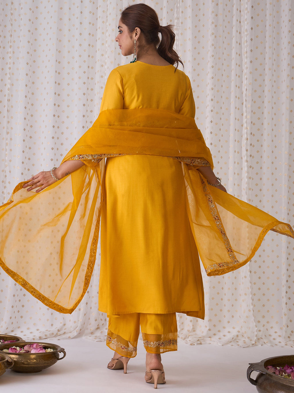 Indo Era Yellow Embroidered A-Line Kurta Palazzos With Dupatta set