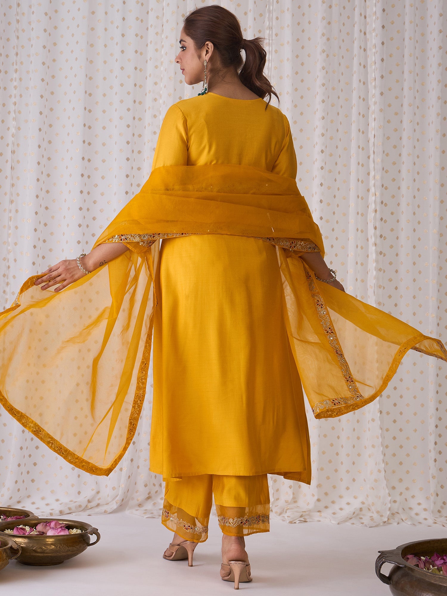 Indo Era Yellow Embroidered A-Line Kurta Palazzos With Dupatta set