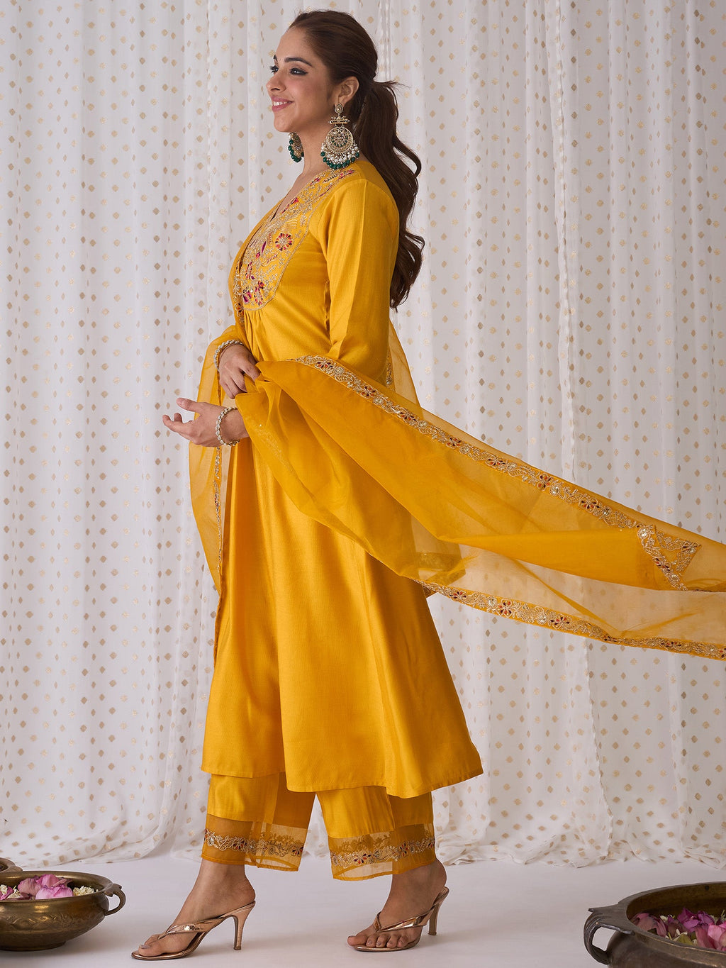 Indo Era Yellow Embroidered A-Line Kurta Palazzos With Dupatta set