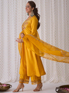 Indo Era Yellow Embroidered A-Line Kurta Palazzos With Dupatta set