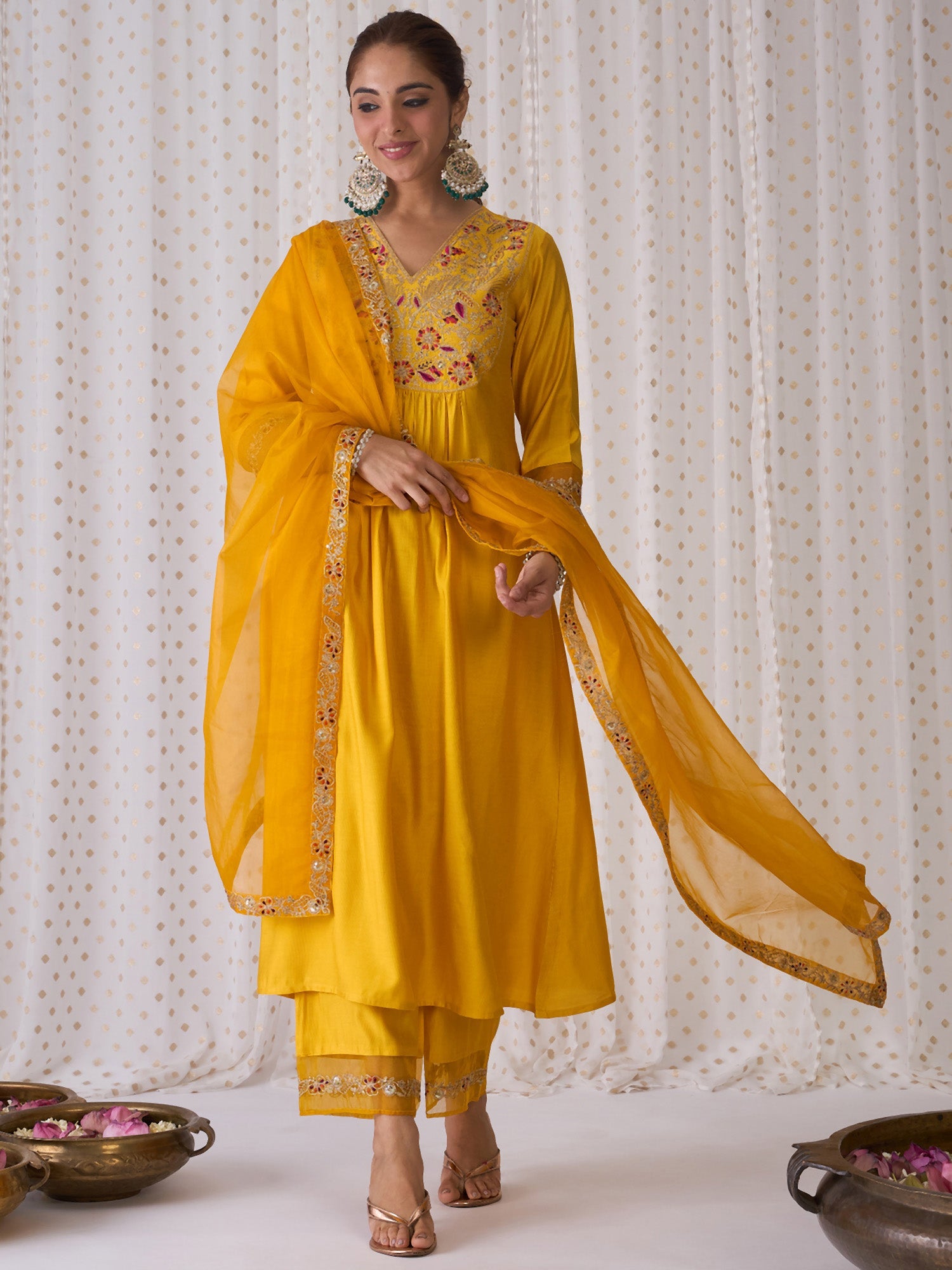 Indo Era Yellow Embroidered A-Line Kurta Palazzos With Dupatta set