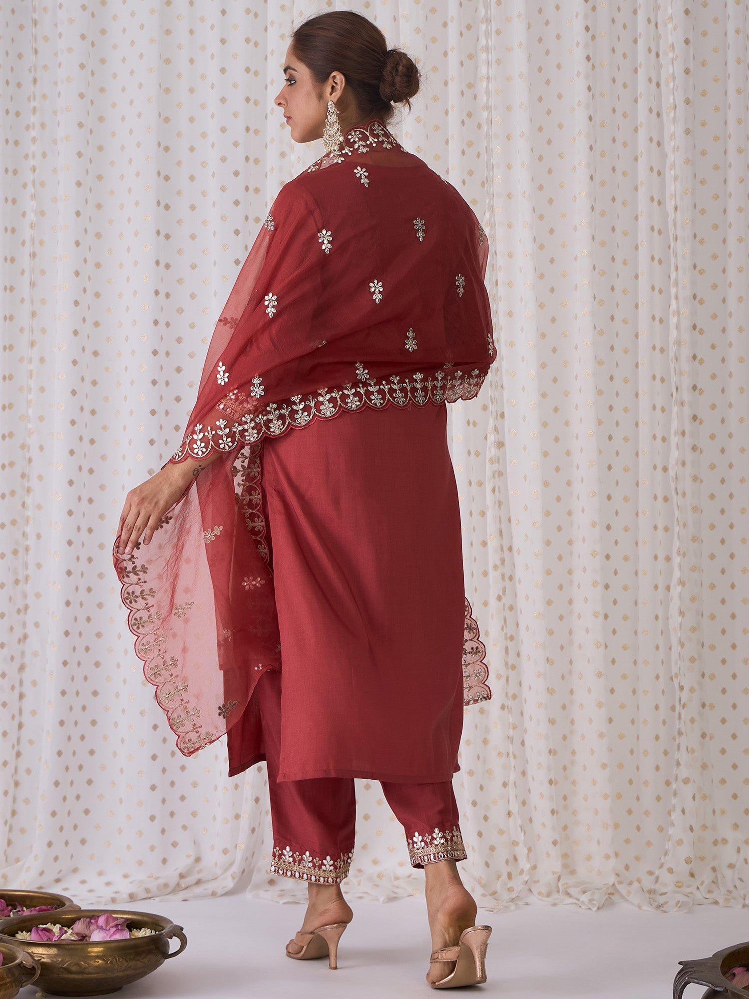 Indo Era Rust Embroidered Straight Kurta Trousers With Dupatta set - Distacart