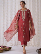Indo Era Rust Embroidered Straight Kurta Trousers With Dupatta set - Distacart