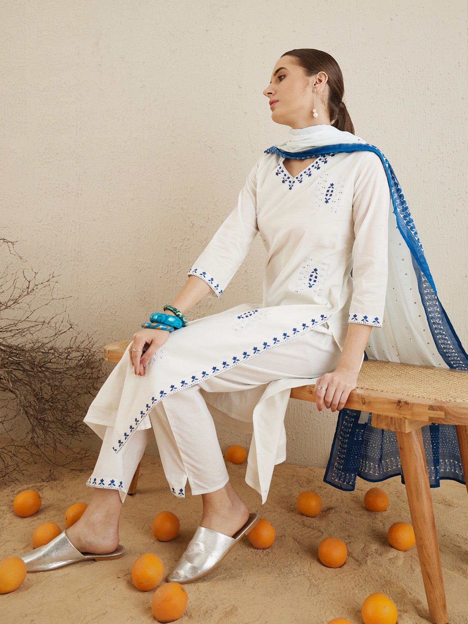 Indo Era Off White Embroidered Straight Kurta Trousers With Dupatta set - Distacart