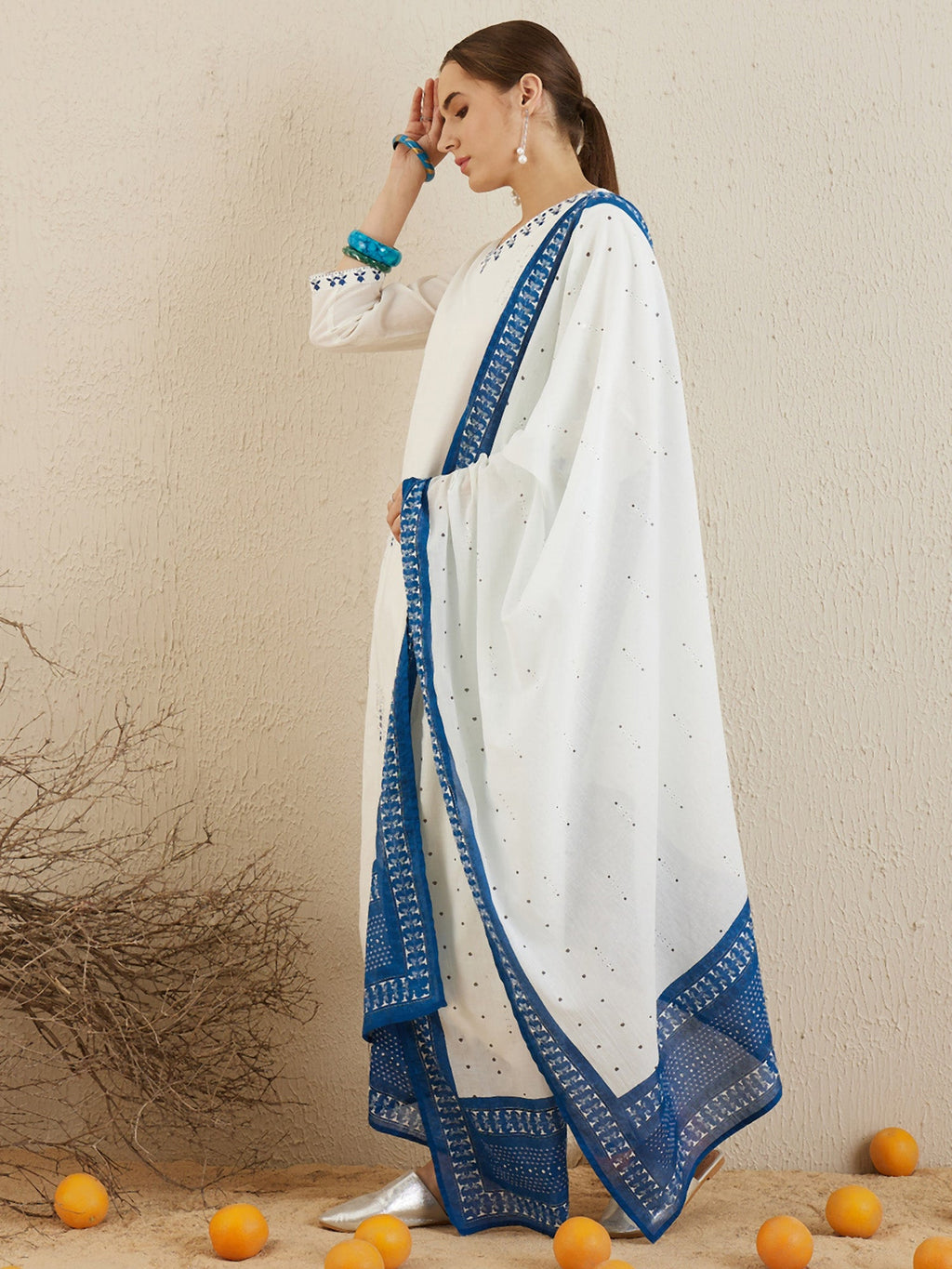 Indo Era Off White Embroidered Straight Kurta Trousers With Dupatta set - Distacart