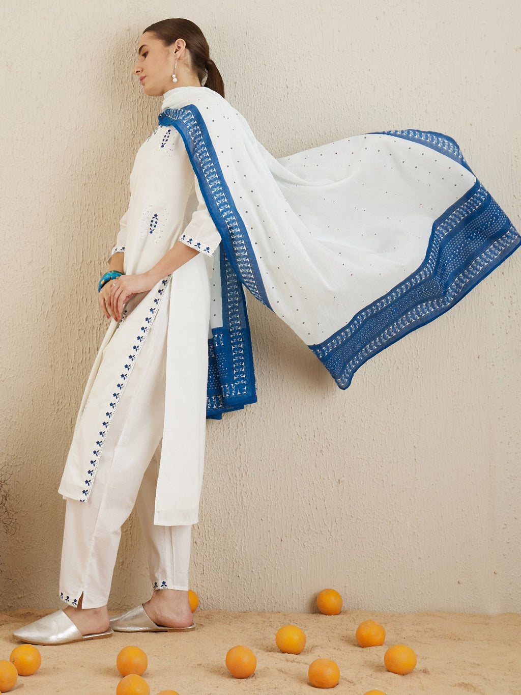Indo Era Off White Embroidered Straight Kurta Trousers With Dupatta set - Distacart