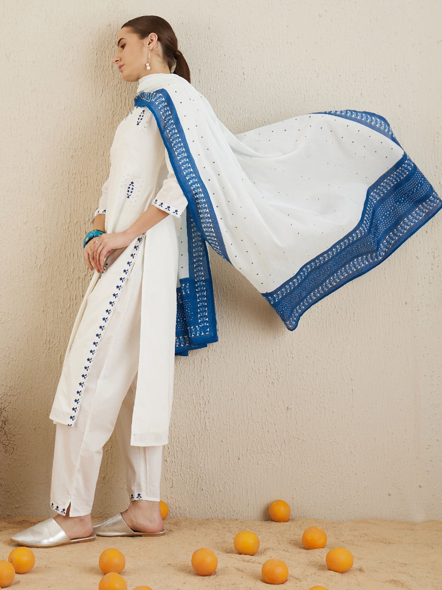 Indo Era Off White Embroidered Straight Kurta Trousers With Dupatta set - Distacart