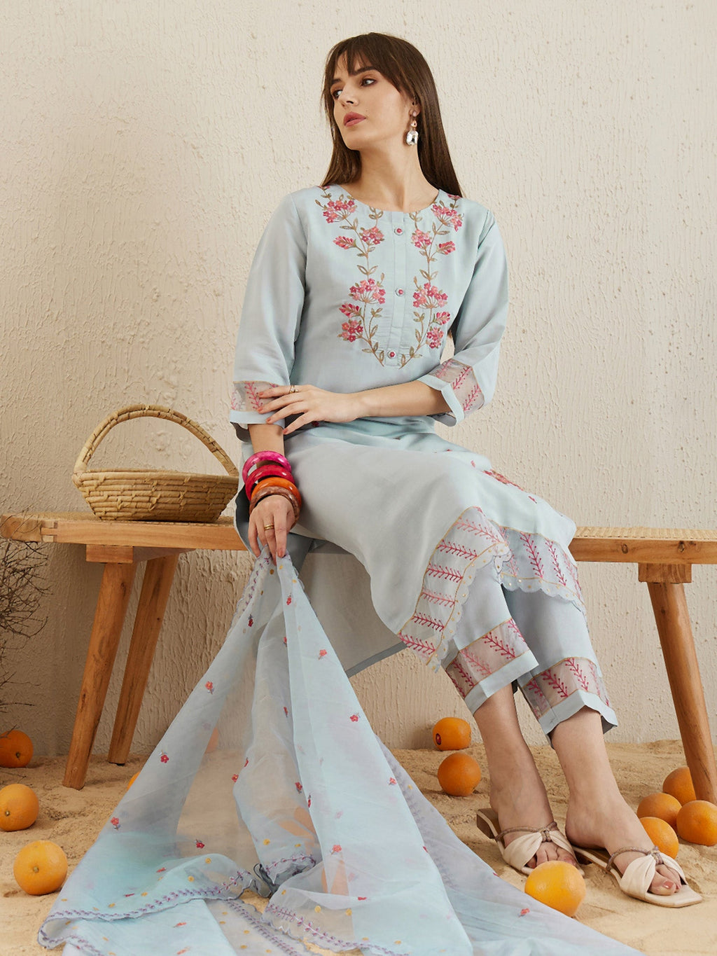 Indo Era Blue Embroidered Straight Kurta Trousers With Dupatta set - Distacart