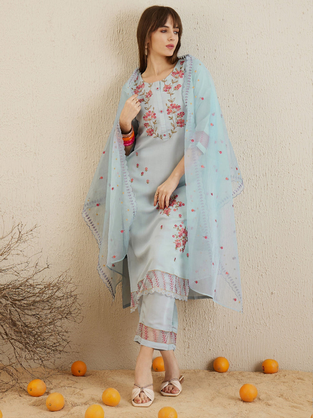 Indo Era Blue Embroidered Straight Kurta Trousers With Dupatta set - Distacart