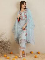 Indo Era Blue Embroidered Straight Kurta Trousers With Dupatta set - Distacart