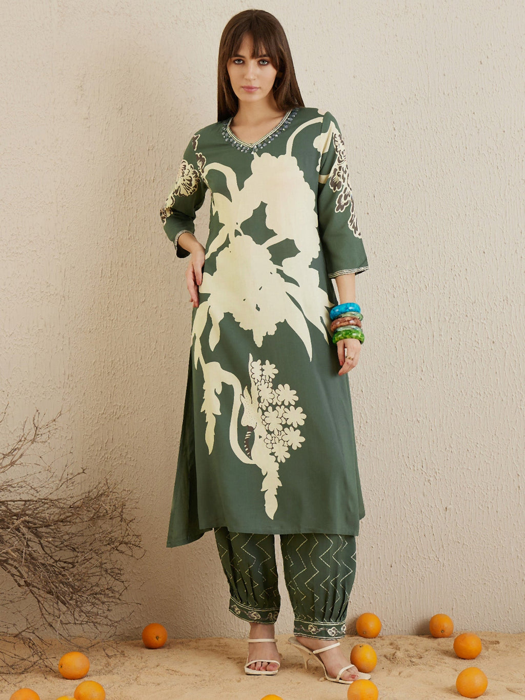 Indo Era Green Printed A-Line Kurta Salwar set - Distacart