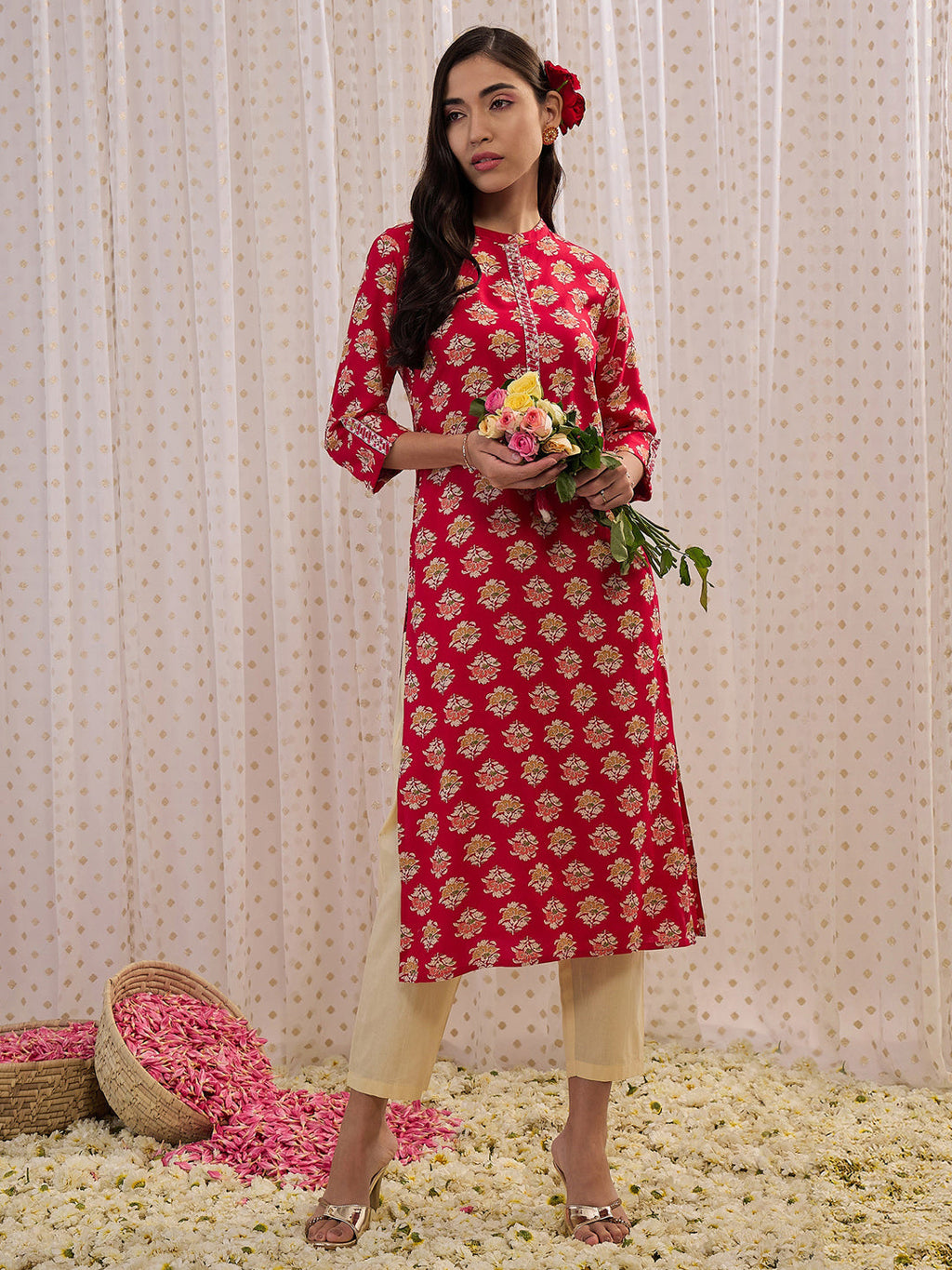 Indo Era Pink Printed Straight Kurta - Distacart