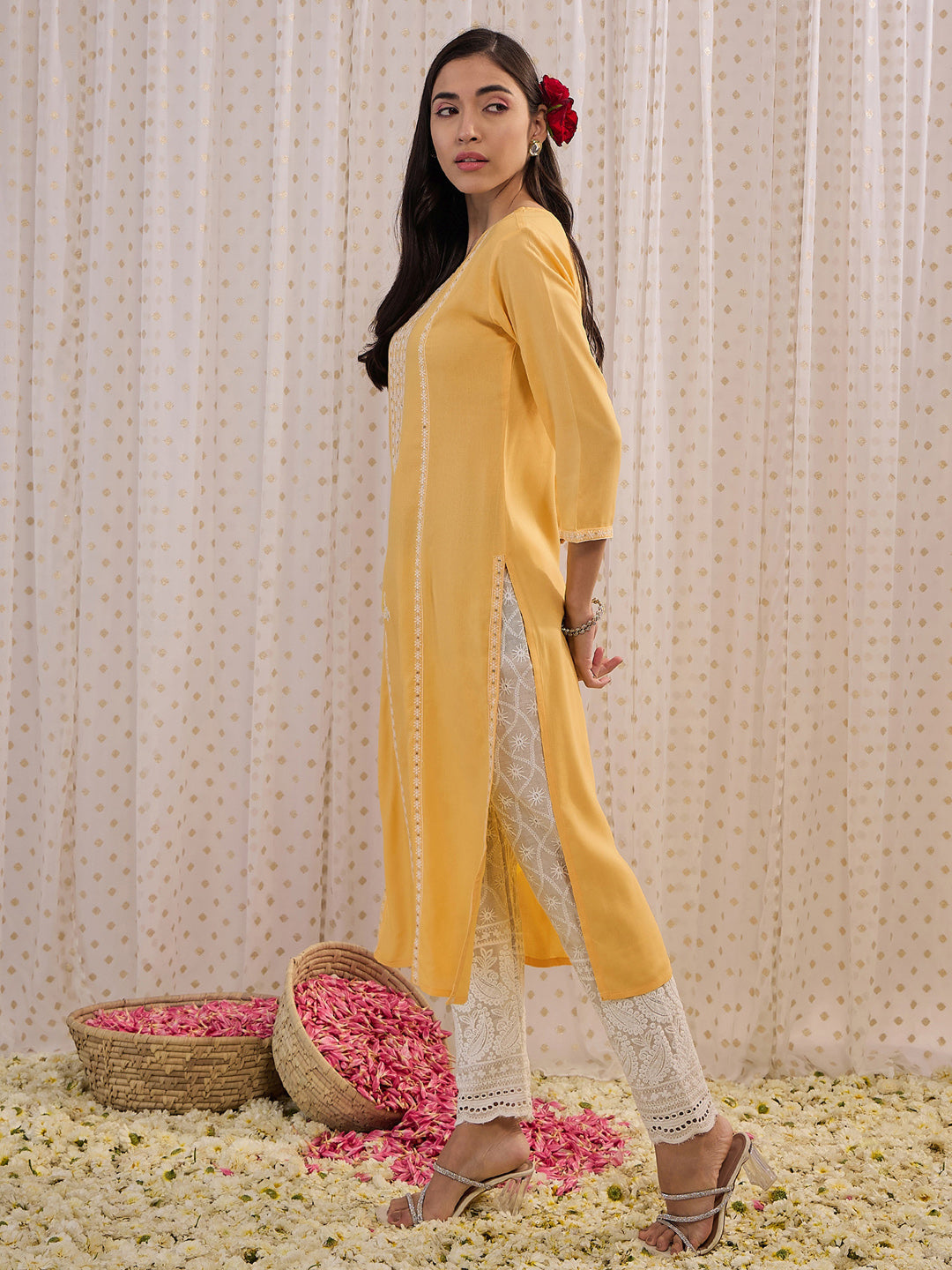 Indo Era Yellow Embroidered Straight Kurta - Distacart